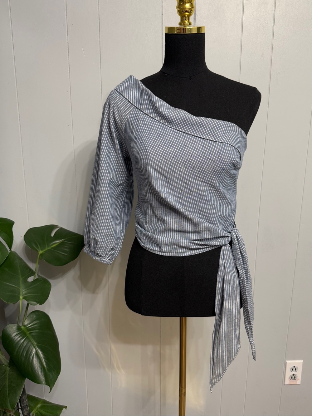 #17) Free People Blue and White Striped Off-Shoulder Tie-Hem Crop Top